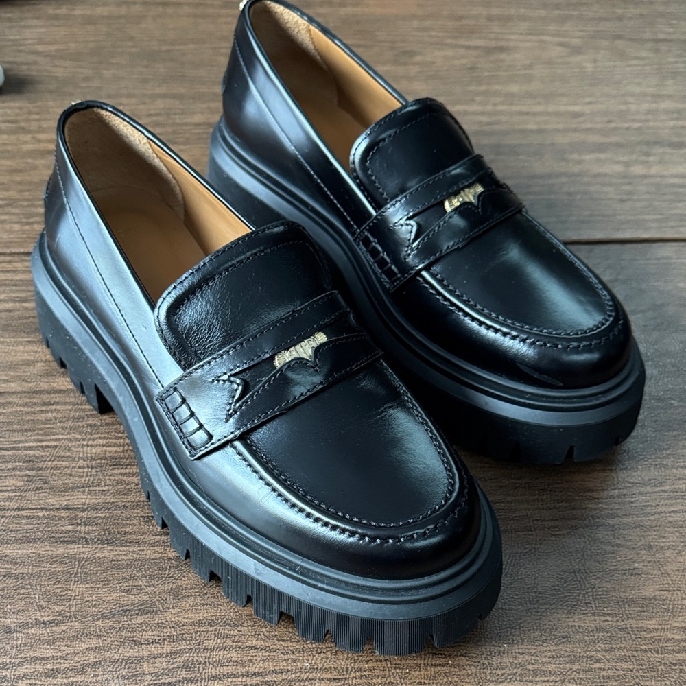 Maje Medaille Leather Platform Loafers in Black with Gold Accents - Picture 3 of 6